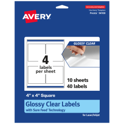 Avery® Glossy Permanent Labels With Sure Feed®, 94100-CGF10, Square, 4" x 4", Clear, Pack Of 40