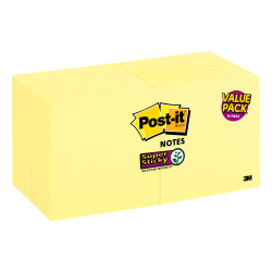 Post-it® Notes, Super Sticky Notes, 3 in x 3 in, Canary Yellow, Pack Of 16 Pads