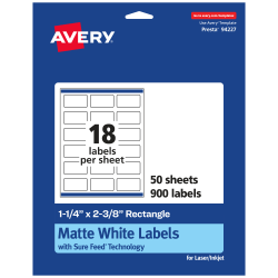 Avery® Permanent Labels With Sure Feed®, 94227-WMP50, Rectangle, 1-1/4" x 2-3/8", White, Pack Of 900