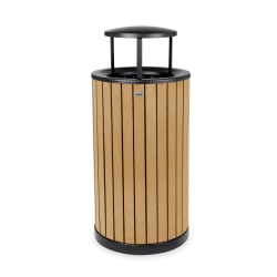 Alpine Slatted Recycled Plastic Panel Round Outdoor Trash Can with Rain Bonnet Lid, 32 Gallon, 33-7/8"H x 20"W x 20D, Cedar