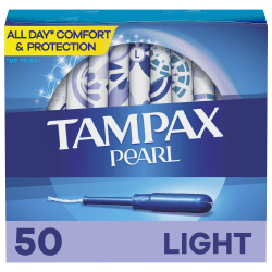 Tampax Pearl Tampons With LeakGuard Braid, Light Absorbency, Unscented, Pack Of 50 Tampons