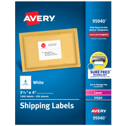 Avery® Shipping Labels With Sure Feed® Technology, 95940, Rectangle, 3-1/3" x 4", White, Pack Of 1,500 Labels