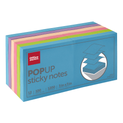 Office Depot® Brand Pop-Up Sticky Notes, 3" x 3", Assorted Neon Colors, 100 Sheets Per Pad, Pack Of 12 Pads