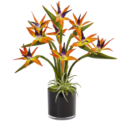 Nearly Natural Bird Of Paradise 24"H Plastic Silk Floral Arrangement With Black Glossy Cylinder Planter, 24"H x 20-1/2"W x 20-1/2"D, Orange