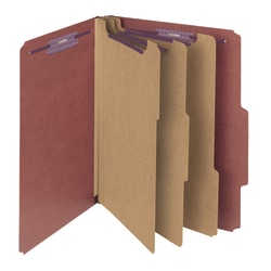 Smead® Pressboard Classification Folders With SafeSHIELD® Fasteners, 3 Dividers, 3" Expansion, Letter Size, 100% Recycled, Red, Box Of 10