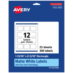 Avery® Permanent Labels With Sure Feed®, 94233-WMP25, Rectangle, 1-13/16" x 2-3/16", White, Pack Of 300