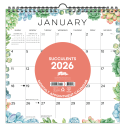 2026-2027 Willow Creek Press Monthly Spiral Wall Calendar, 12" x 12", Succulents, July 2026 To June 2027, 54765