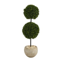 Nearly Natural Boxwood Double Ball Topiary 45"H Artificial Tree With Planter, 45"H x 10"W x 10"D, Green/Sand