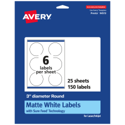 Avery® Permanent Labels With Sure Feed®, 94513-WMP25, Round, 3" Diameter, White, Pack Of 150
