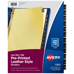 Avery® Jan-Dec Dividers For 3 Ring Binders, 8-1/2" x 11", 12-Tab Set, Pre-Printed Black Leatherette Tabs, 1 Binder Divider Set (11351)