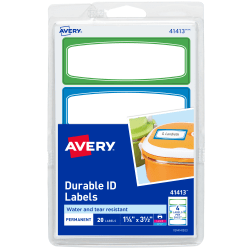 Avery® Durable Water-Resistant Labels, 41413, Rectangle, 1-1/4" x 3-1/2", White With Assorted Border Colors (Blue, Green), Pack Of 20