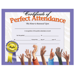 Hayes Publishing Perfect Attendance Certificates, Hands, 8 1/2" x 11", Multicolor, Pack Of 30