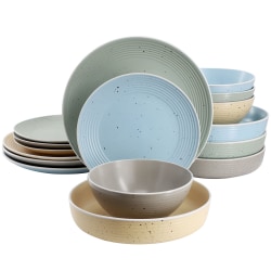 Elama Emilia 16-Piece Assorted Double Bowl Stoneware Dinnerware Set, Speckled Multicolor
