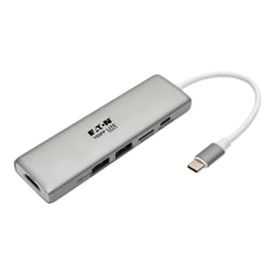 Tripp Lite USB C Docking Station Adapter, 4K @ 30 Hz, HDMI, Thunderbolt 3, PD Charging, Micro SD - Silver, USB Type C, USB-C, USB Type-C - Docking station - USB-C 3.1 / Thunderbolt 3 - HDMI - 1GbE