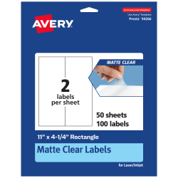 Avery® Permanent Labels, 94266-CMF50, Rectangle, 11" x 4-1/4", Matte Clear, Pack Of 100