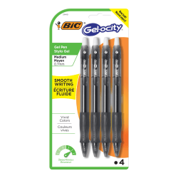BIC Gelocity Gel Retractable Gel Ink Pens, Medium Point, 0.7 mm, Black Barrel, Black Ink, Pack Of 4 Pens