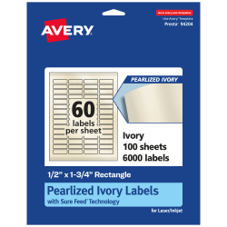 Avery® Pearlized Permanent Labels With Sure Feed®, 94204-PIP100, Rectangle, 1/2" x 1-3/4", Ivory, Pack Of 6,000 Labels