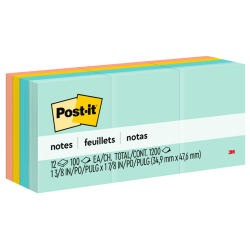 Post-it Notes, 1 3/8 in x 1 7/8 in, 12 Pads, 100 Sheets/Pad, Clean Removal, Beachside Cafe Collection