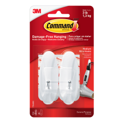 Command™ Medium Wire Hooks, Damage-Free, White, Pack of 2 Hooks, 2 Pairs of Strips