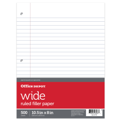 Office Depot® Brand Notebook Filler Paper, 8" x 10 1/2", Wide Ruled, Pack of 500 Sheets