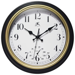 Infinity Instruments Classic Indoor/Outdoor Wall Clock With Built-In Thermometer, 12"H x 12"W x 1-7/8"D, Black/Gold Trim