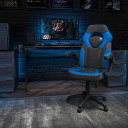 Flash Furniture X10 Ergonomic LeatherSoft™ Faux Leather High-Back Racing Gaming Chair With Flip-Up Arms, Blue/Black