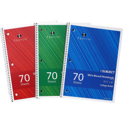 Sparco® Wirebound Notebooks, 8" x 10 1/2", College Ruled, 70 Sheets, Assorted Colors, Pack Of 3