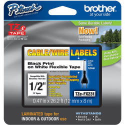 Brother® TZe-FX231CS Black-On-White Tape, 0.5" x 26.2'
