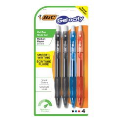 BIC® Gel-ocity Retractable Gel Ink Rollerball Pens, Medium Point, 0.7 mm, Assorted Barrels, Assorted Ink Colors, Pack Of 4