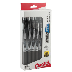 Pentel® EnerGel® RTX Retractable Liquid Gel Pens, Medium Point, 0.7 mm, Black/Silver Barrel, Black Ink, Pack Of 12