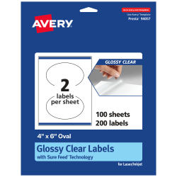 Avery® Glossy Permanent Labels With Sure Feed®, 94057-CGF100, Oval, 4" x 6", Clear, Pack Of 200