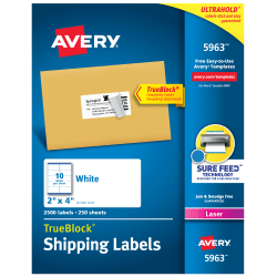 Avery® TrueBlock® Shipping Labels With Sure Feed® Technology, 5963, Rectangle, 2" x 4", White, Pack Of 2,500