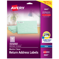 Avery® Matte Return Address Labels With Sure Feed® Technology, 8667, Rectangle, 1/2" x 1-3/4", Clear, Pack Of 2,000