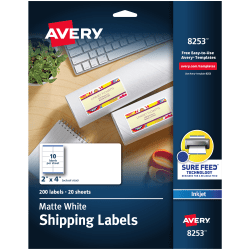 Avery® Shipping Labels With Sure Feed® Technology, 8253, Rectangle, 2" x 4", White, Pack Of 200 Labels