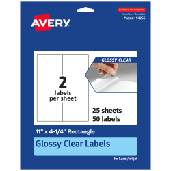 Avery® Glossy Permanent Labels, 94266-CGF25, Rectangle, 11" x 4-1/4", Clear, Pack Of 50