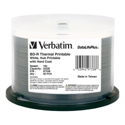 Verbatim BD-R 25GB 16X DataLifePlus White Thermal Printable, Hub Printable - 50pk Spindle - 50pk Spindle