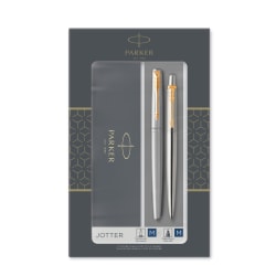 Parker Jotter Duo Gift Set with Ballpoint Pen & Fountain Pen, Stainless Steel with Gold Trim, Blue Ink Refill & Cartridges, Gift Box