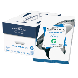 Hammermill® Great White® Copier Paper, Ledger Size (11" x 17"), 2500 Total Sheets, 20 Lb, 30% Recycled, White, 500 Sheets Per Ream, Case Of 5 Reams