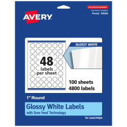Avery® Glossy Permanent Labels With Sure Feed®, 94500-WGP100, Round, 1" Diameter, White, Pack Of 4,800
