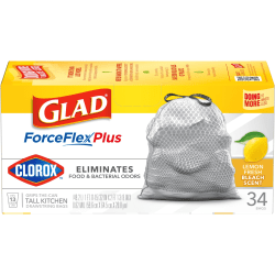 Glad® ForceFlexPlus With Clorox Tall Kitchen Drawstring Trash Bags, 13 Gallons, Lemon Fresh Bleach Scent, Gray, Pack Of 34 Bags