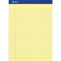 Ampad Perforated 3-Hole Punched Ruled Double Sheet Pad,&nbsp;Medium/College Rule, 100 Sheets, 8 1/2" x 11", Canary Yellow