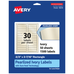 Avery® Pearlized Permanent Labels With Sure Feed®, 94210-PIP50, Rectangle, 2/3" x 3-7/16", Ivory, Pack Of 1,500 Labels