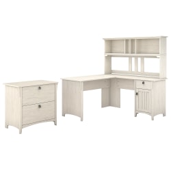 Bush Furniture Salinas 60"W L Shaped Desk with Hutch and Lateral File Cabinet, Antique White, Standard Delivery