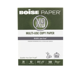 Boise® X-9® Multi-Use Print & Copy Paper, Letter Size (8 1/2" x 11"), 92 (U.S.) Brightness, 20 Lb, White, Ream Of 500 Sheets