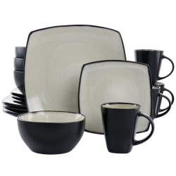 Gibson Elite Soho Lounge 16-Piece Square Stoneware Dinnerware Set, Sand