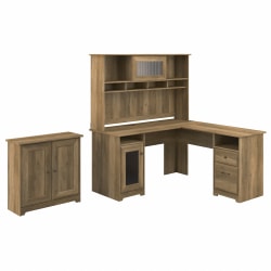 Bush Business Furniture Cabot 60"W L-Shaped Corner Desk With Hutch And Small Storage Cabinet With Doors, Reclaimed Pine, Standard Delivery