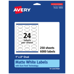 Avery® Permanent Labels With Sure Feed®, 94053-WMP250, Oval, 1" x 2", White, Pack Of 6,000