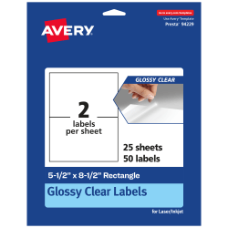 Avery® Glossy Permanent Labels, 94229-CGF25, Rectangle, 5-1/2" x 8-1/2", Clear, Pack Of 50