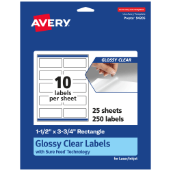 Avery® Glossy Permanent Labels With Sure Feed®, 94205-CGF25, Rectangle, 1-1/2" x 3-3/4", Clear, Pack Of 250