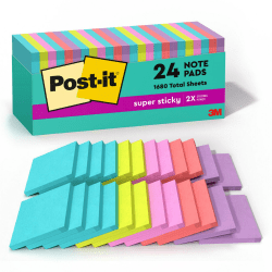 Post it® Notes Super Sticky Notes, 3" x 3", Supernova Neons Collection, Pack Of 24 Pads